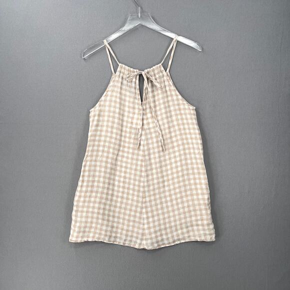 NOTPERFECTLINEN Linen Tunic Mini Dress Womens XS White Tan Gingham Check Strappy - Picture 4 of 14